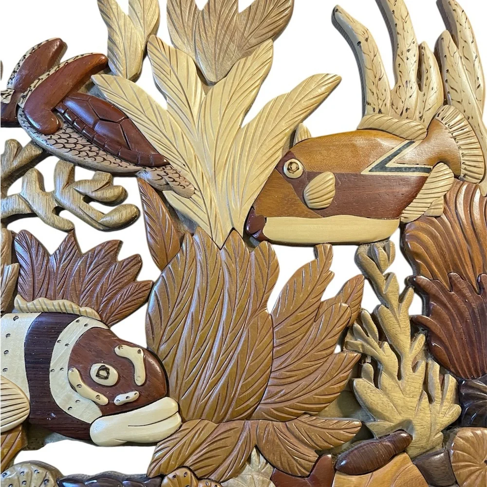 Vintage Fish Wood Carving Leaves Coral Art, Wall Decoration 100% Wood Handcrafte